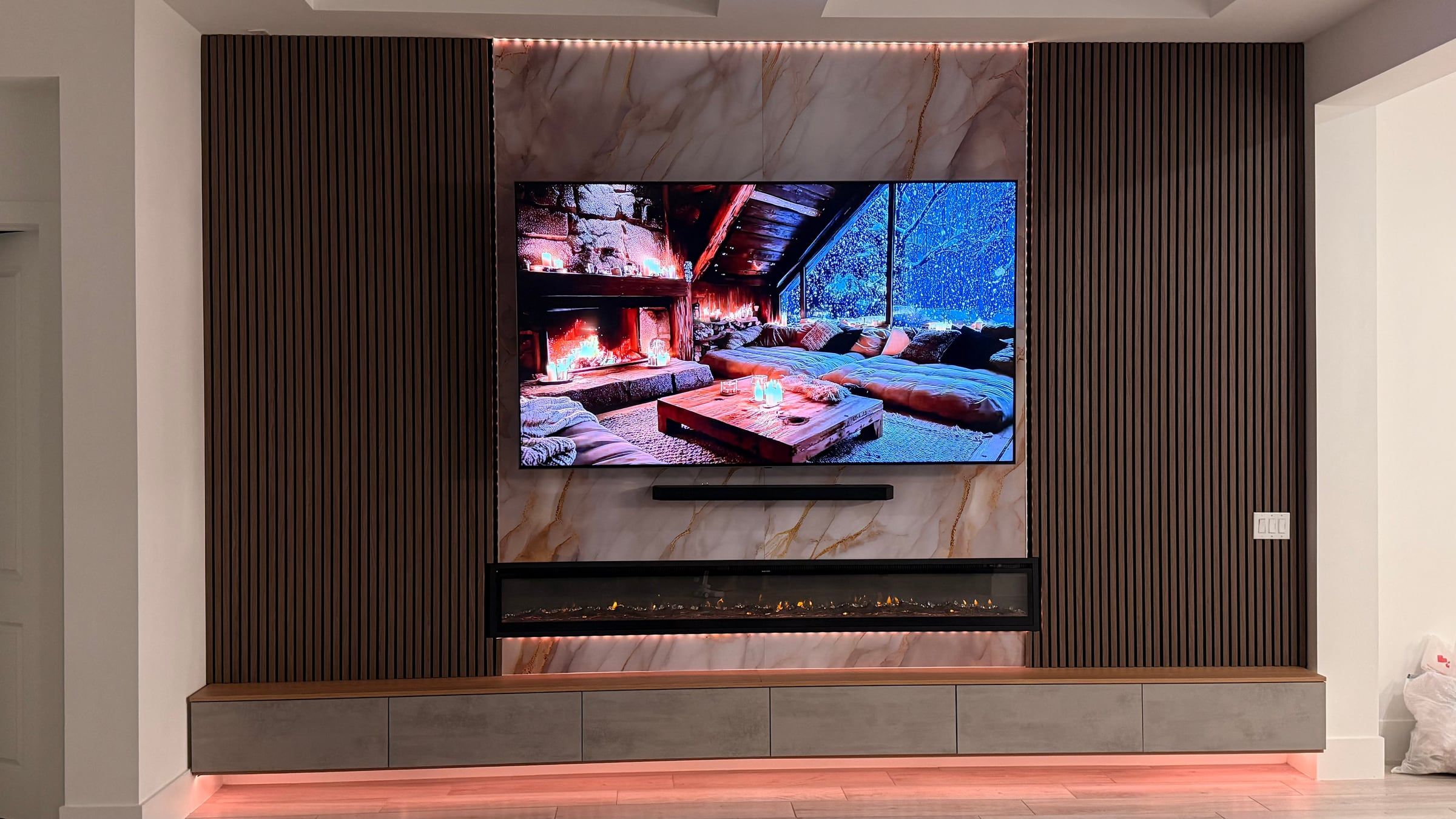 Wood Slat Media Wall with Linear Electric Fireplace in Orlando, FL