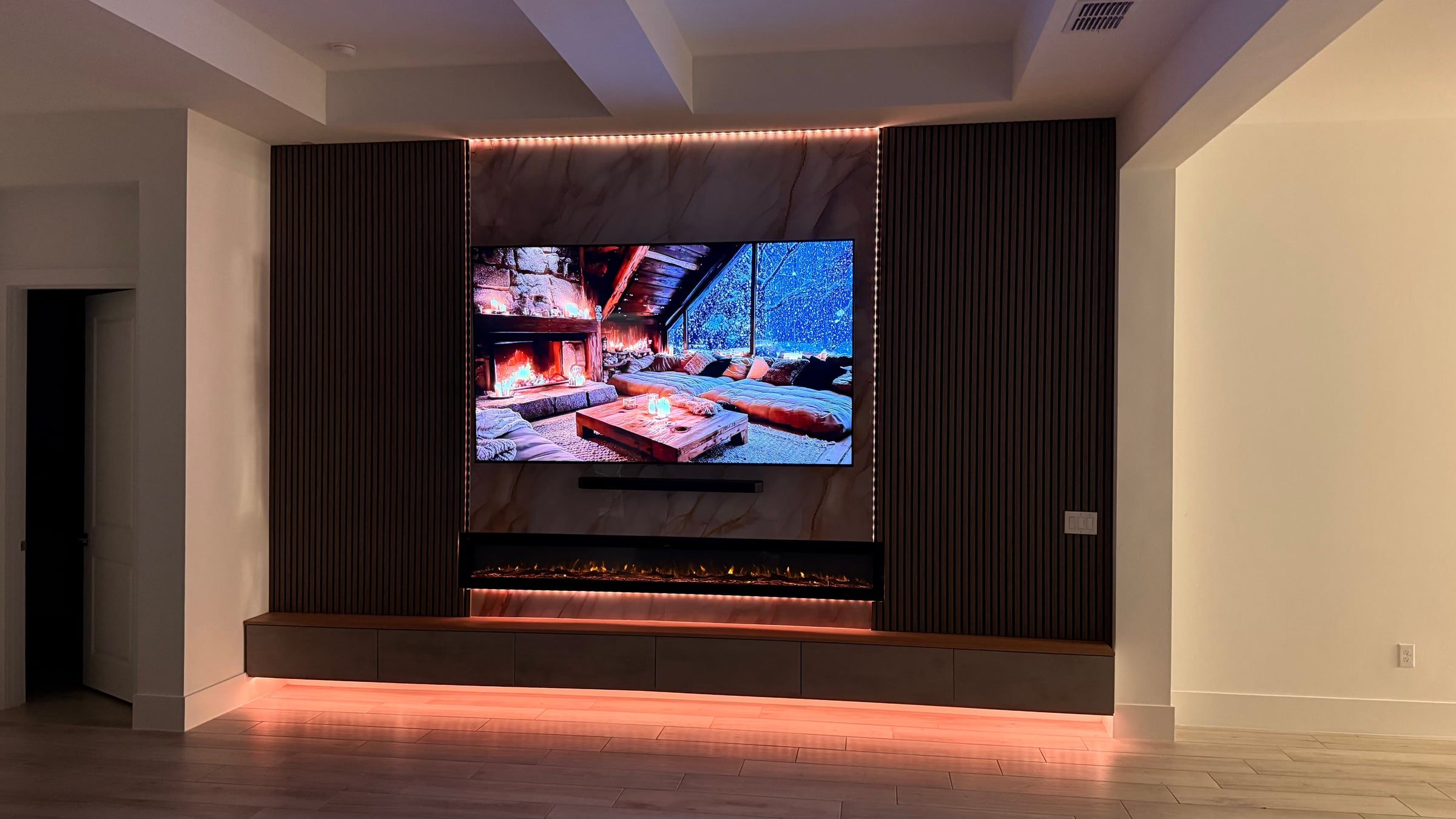 Wood Slat Media Wall with Linear Electric Fireplace in Orlando, FL — photo 3 of 6