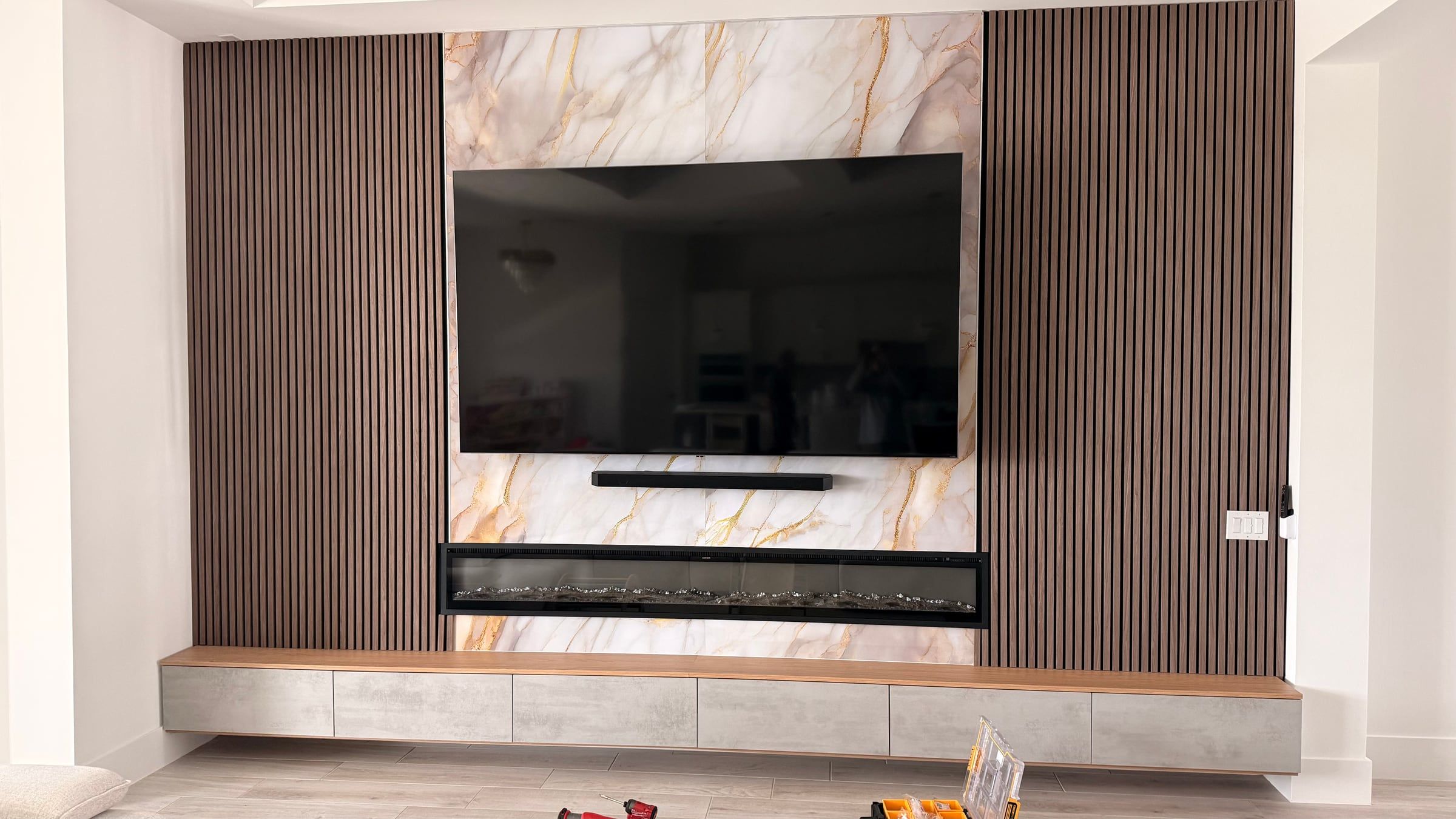 Wood Slat Media Wall with Linear Electric Fireplace in Orlando, FL — photo 6 of 6